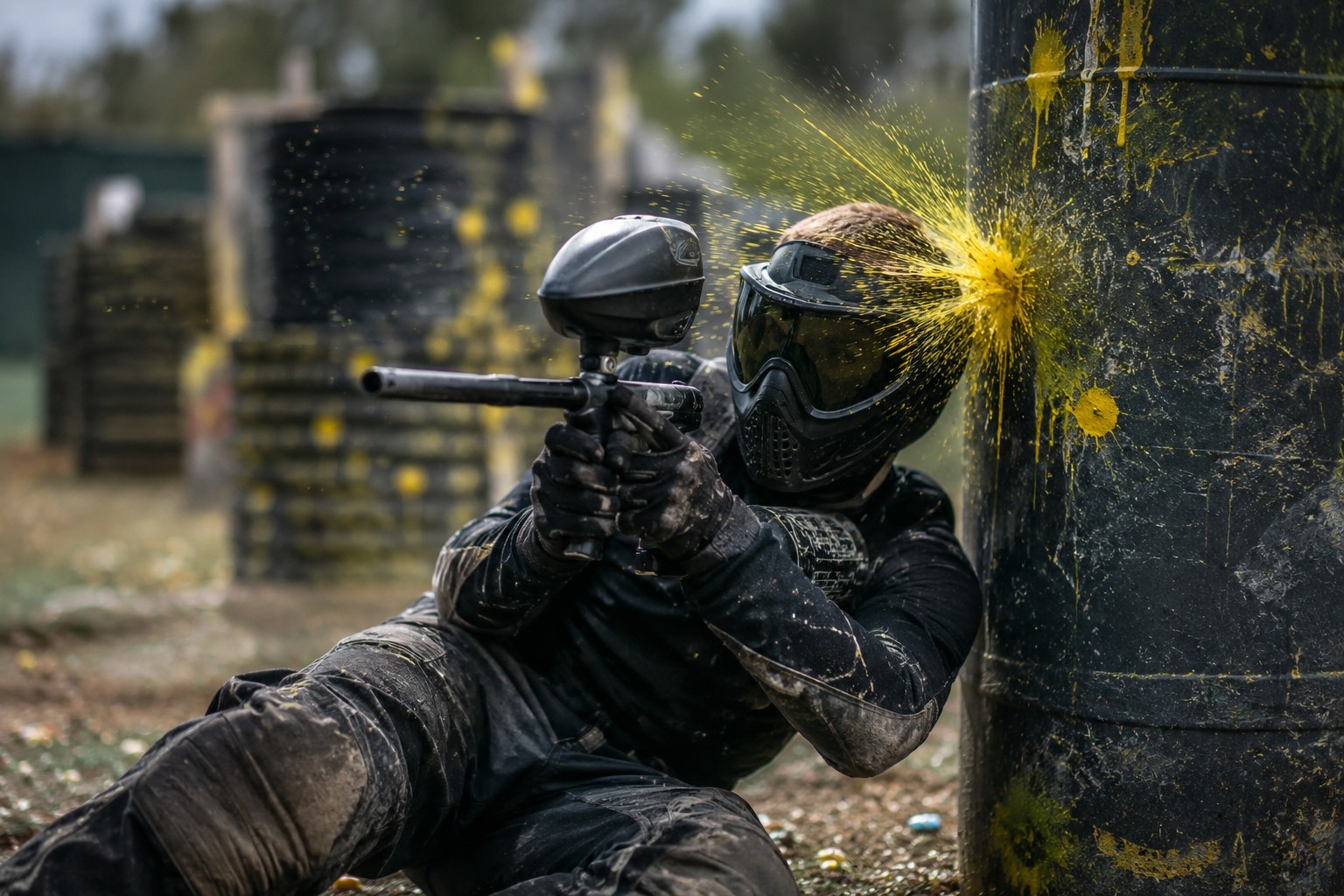 Ground-level action shot of a player sliding behind cover with paint bursting off a bunker