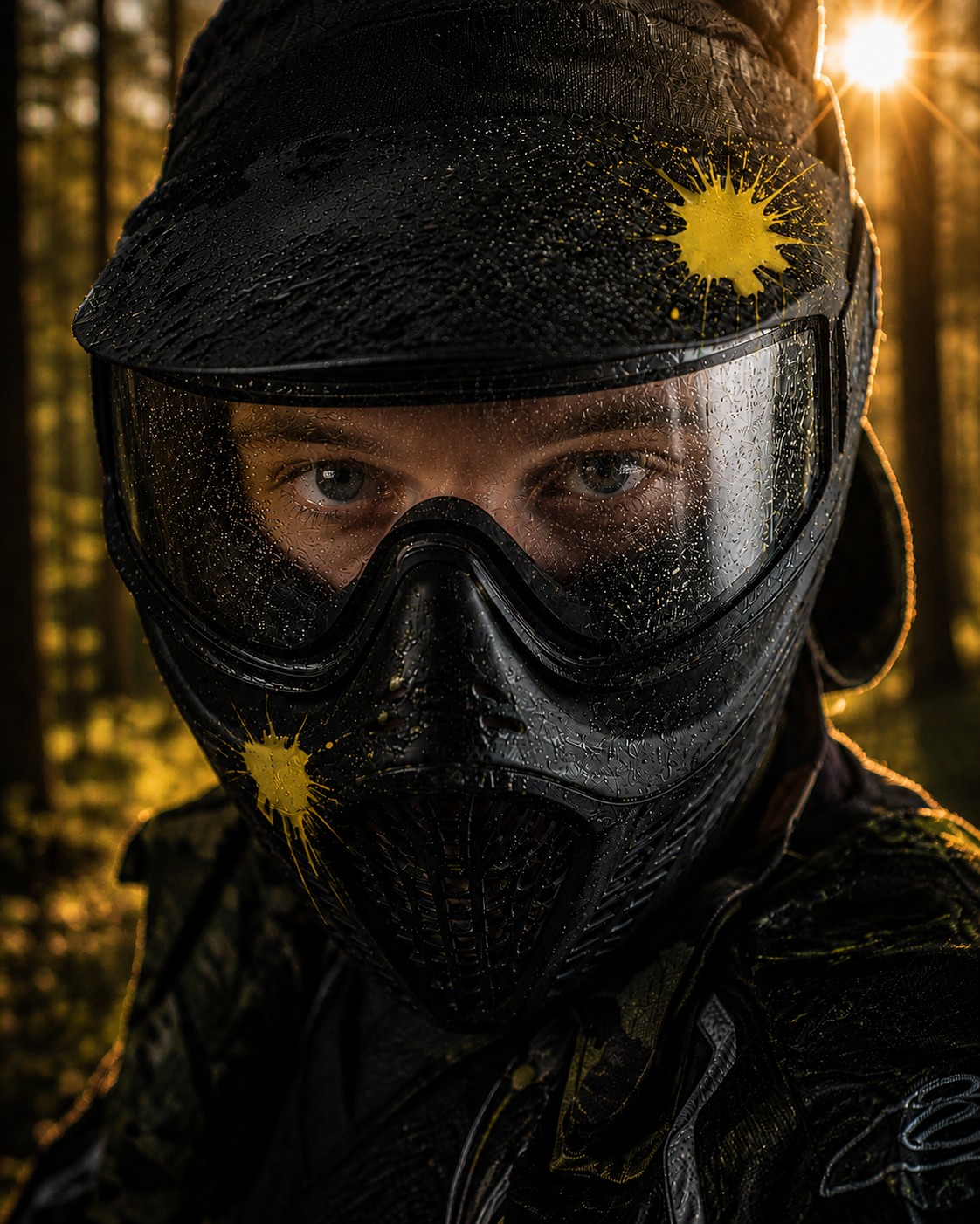 Player in full paintball gear, visor covered in splatter