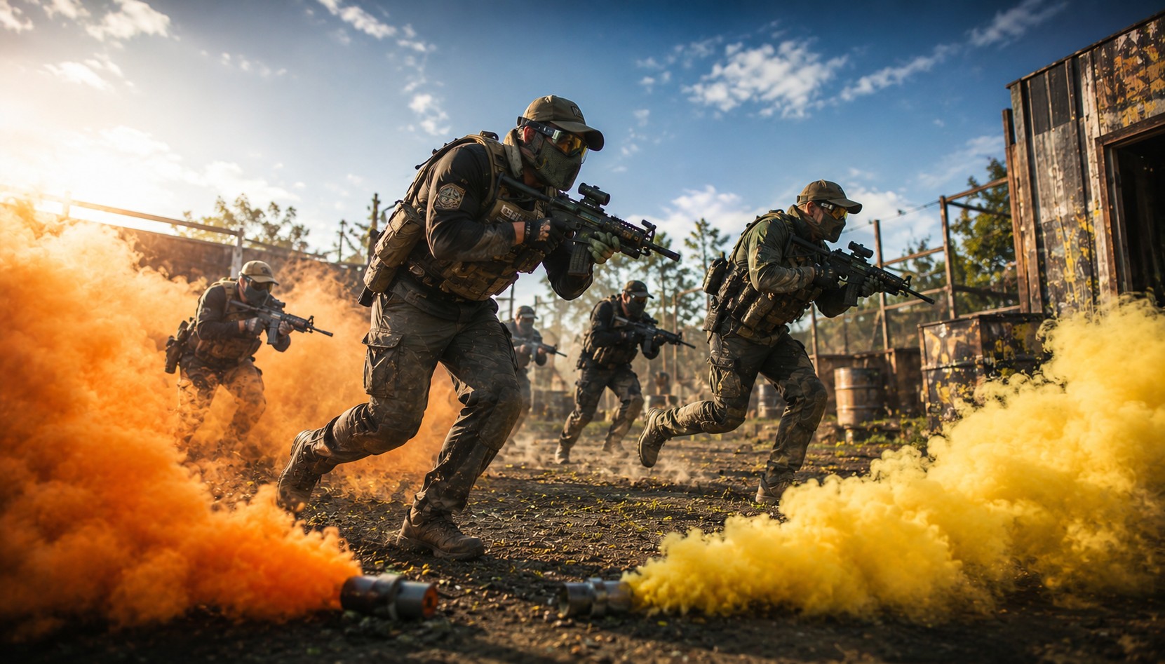 Players charging through orange and yellow smoke grenades on the field