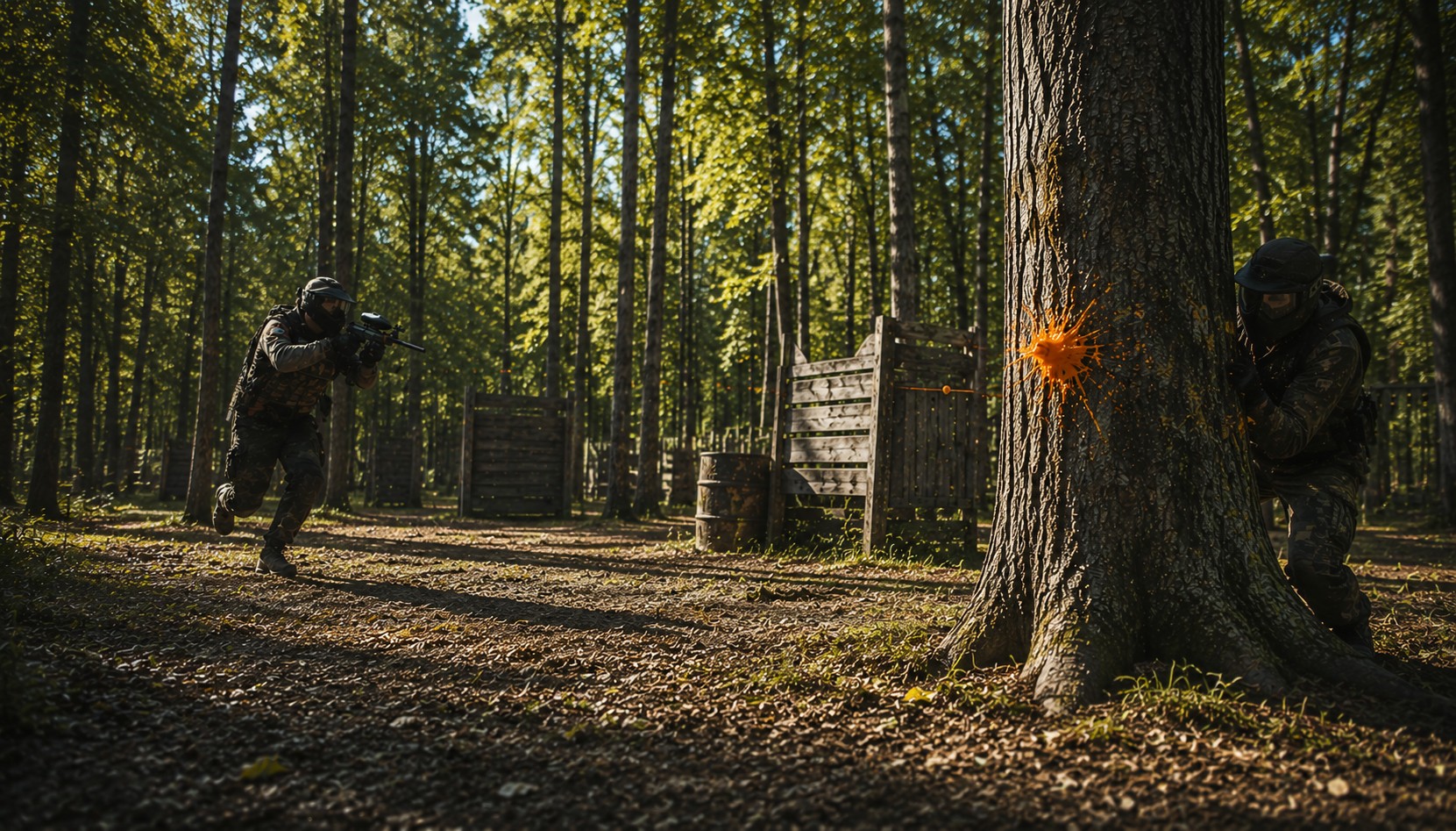 Woodland paintball action — paint burst on a tree as players advance