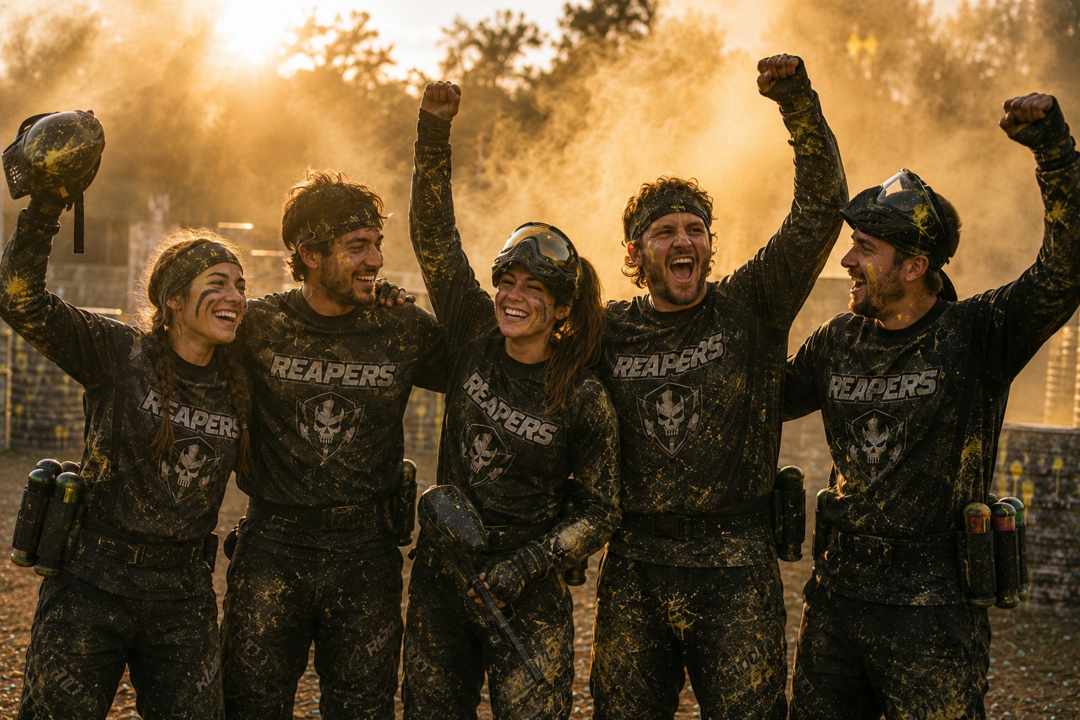 Team victory moment: players in matching jerseys, paint-covered and celebrating in golden-hour light